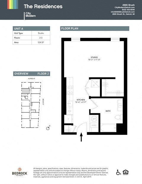 Floor plan for studio, 1 bath, 534 sqft